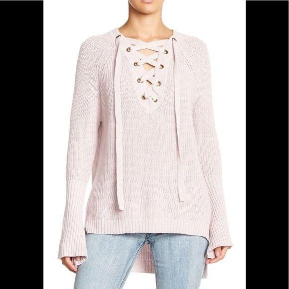 BLVD LaceUp V Neck Chunky Knit Relaxed Sweater NWT - Picture 7 of 15